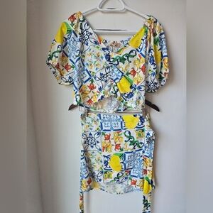 VIANOVA ITALY Majolica LINEN SET Cropped Ruched Top Wrap Mini Skirt Size L M